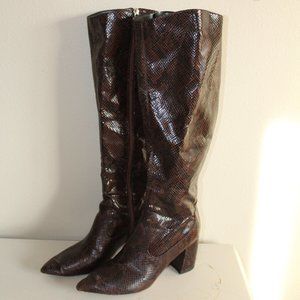 Marc Fisher Brown Snakeskin Tall Boots Size 9.5 Pointy Toe Block Heel